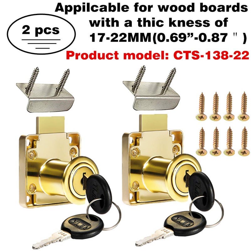Junrbx Cabinet Drawer Lock,Mailbox Lock, Model CT-138-22,for Fixing Important Documents and Drawers ((Hole Diameter 0.75inch/19MM), Suitable for Door Panels with A Thickness of 17 mm-22 mm. 2 PCS ã€Goldenã€‘ - Image 2